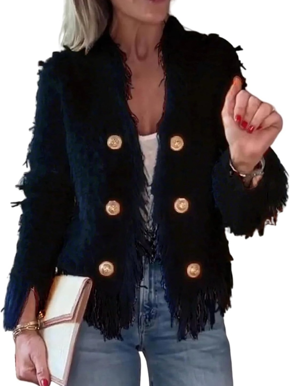 Fringed Open Front Black Jacket with Gold Buttons